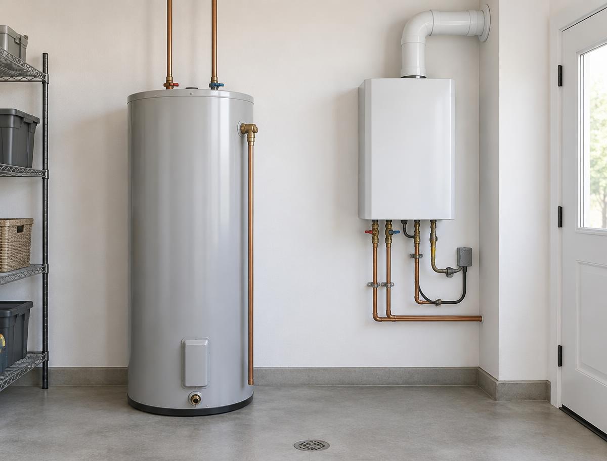 Illustration comparing a cylindrical storage tank water heater on the left with a compact wall-mounted tankless water heater on the right.